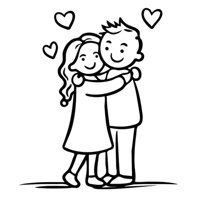 Hand drawn sketch of two people hugging with a heart, "Iubind pe cineva" sticker