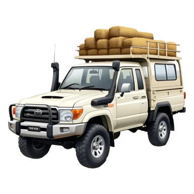 Toyota LandCruiser 70 Series (2021) – Cinematic-realistic Toyota LandCruiser 70 Series ute, its rugged white frame bouncing over rough farm tracks. Dust billows behind as the vehicle powers across dry paddocks, a trusty farm dog perched in the tray, scanning the horizon. sticker