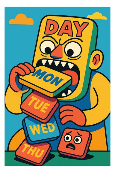 A surreal image of a day eating all the previous days. The day is depicted as a colorful, cartoonish character with a big mouth, consuming smaller representations of past days. sticker