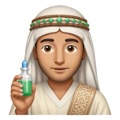 Arab man wearing traditional headdress holding medicine bottle or pill sticker
