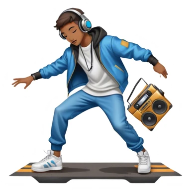 Icon for Street Dance: a dancer in urban streetwear performing a dynamic breakdance move, with a spray-painted background, headphones, and a boombox on the asphalt. The icon should capture the energy, style, and creativity of street dance culture. Transparent background. sticker