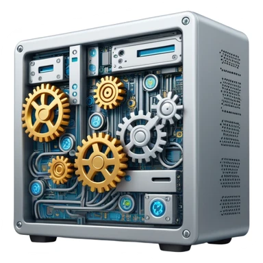 Computer server with gears and code symbols representing DevOps automation sticker