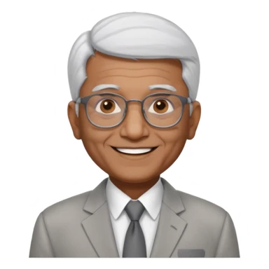 70 yr old indian man, short straight white hair brushed foreward , light grey business suit, big smile, dark brown skin, no moustache, dark brown eyes, glasses
 sticker