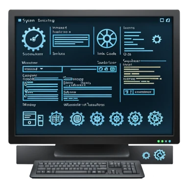 An icon featuring a computer screen with an operating system interface, showing windows, icons, and a taskbar. The design includes code snippets, system settings, and a gear symbol, representing the management and control of computer hardware and software. Transparent background highlights OS architecture. sticker