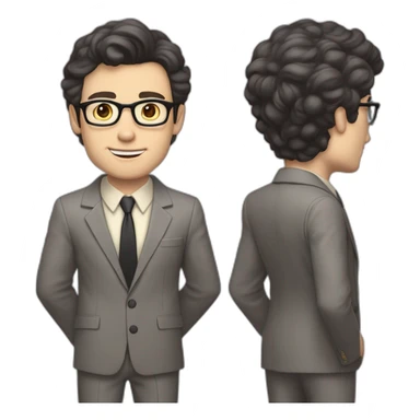 Full height Pale skinned Fit Man With dark brown hair in classic gray suit, beige office shirt, dark gray tie, and vintage glasses. Thrumbs of his palms directed up sticker