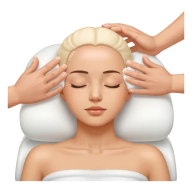 Una persona relajada con los ojos cerrados mientras recibe un masaje en el cuero cabelludo con espuma. Las manos del terapeuta están suavemente aplicando presión sobre su cabeza. sticker