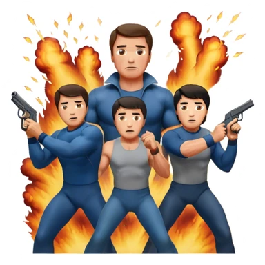 Action movie icons: Arnold Schwarzenegger, Sylvester Stallone and Jackie Chan in tense poses, surrounded by explosions, guns and fast-paced stunts. The design should reflect the energy and heroes of classic action movies. Transparent background. sticker