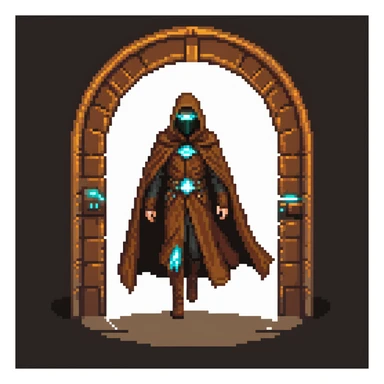 A mysterious man with a brown cloak and futuristic high-tech mask stepping out of a glowing portal sticker