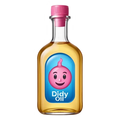 Smiling bottle of oil blue top pink outside with logo that says diddy oil sticker