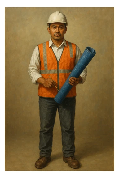 Сгенерируй мне в стиле реалистичной живописи на однородном фоне инженера индонезийской внешности, он в каске и строительном жилете. Он одет опрятно и чисто. В полный рост. Он стоит с чертежом синим и карандошем в руках sticker