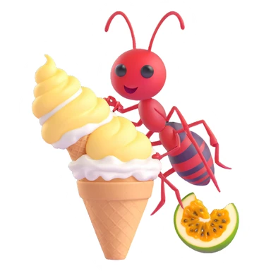 icon of an ant eating passion fruit ice cream, subtle 3D effect sticker