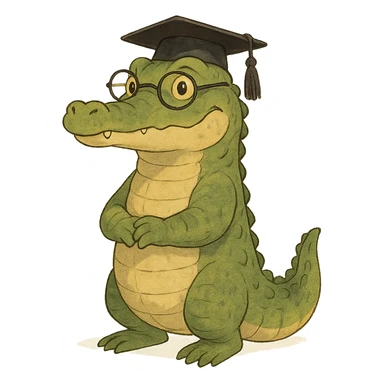 ghibli style academic alligator wearing glasses and a graduation cap, white background sticker