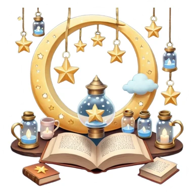  crescent moons, stars with ribbons, tiny clouds, crystal bottles, cozy mugs, mini lanterns, and floating books. Smooth textures, soft magical lighting, realistic shadows, very detailed, high-resolution, dreamy and enchanting aesthetic, super cute and charming." sticker
