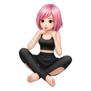 Full body Front view curvy emo girl pink hair sits on the floor straight view hands up black skirt полосатые рваные чулки sticker
