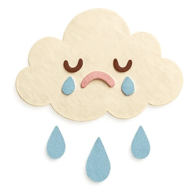 cute fluffy white cloud, crying blue raindrops, soft pastel palette, no arms or legs, full body, paper craft style sticker
