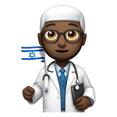 rabbin with Sidelocks holding israel flag in his hands while wearing a doctor white coat with a stethoscope white skin  sticker