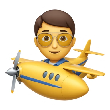 A 3D Apple-style yellow emoji character, classic round shape, wearing pilot-style sunglasses, arms crossed, small smile, a miniature airplane icon floating above its head, symbolizing “airplane mode,” clean cartoonish style, simple background. sticker