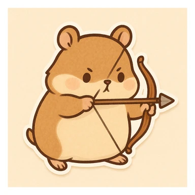 chubby hamster gripping a bow, ready to shoot, whimsical style sticker