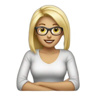 blonde woman with glasses on sofa with computer sticker