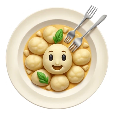 Gnocchi Cinematic Realistic Gnocchi Dish Emoji, depicted as tender potato dumplings garnished with iconic fork marks on top, rendered with soft textures and warm, inviting lighting. sticker