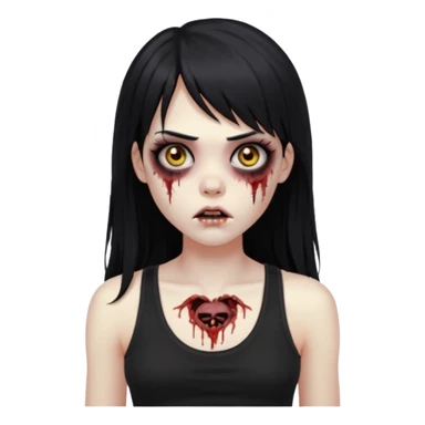 Crie um emoji de zumbi garota do iphone que tenha o cabelo preto longo, de cumprimento no peito, que tenha uma franja no tamanho da sobrancelha, com os olhos escuros e que use uma regata preta sticker