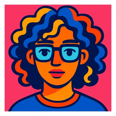 stylized portrait of a face with long curly hair and glasses, generation Z look, pop colors sticker