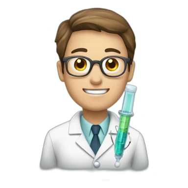 A doctor in a white coat and a syringe sticker
