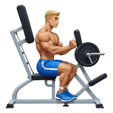 side-view bodybuilder in blue shorts seated weighted calf-raise machine on his tip toes sticker