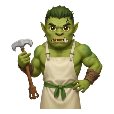 orc male Apron with "Kiss the Cook" (scratched out, replaced with "Fear the Cook"), giant rib bone as a weapon. sticker