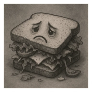 a sandwich with a downturned mouth, sad eyes, ingredients falling out, grayish palette sticker