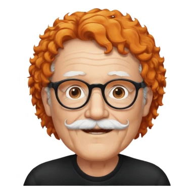 An elderly man with curly orange hair, brown eyes, black glasses, and a white beard, wearing a gentle smile. sticker