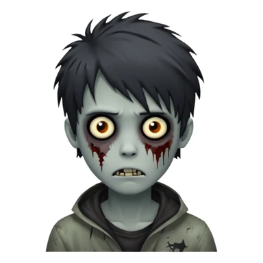 boy zombie with black, messy emo hair, pale skin, eerie and unsettling, creepy face sticker