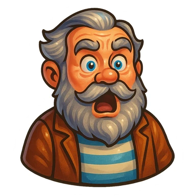 A dwarf with gray hair, a gray mustache, a gray beard, and gray eyebrows. He has blue eyes and wrinkles on his forehead. He is wearing a striped t-shirt and a brown jacket. The dwarf is displaying a surprise emotion. sticker