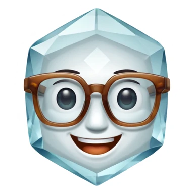 A single crystal gemstone character wearing glasses, chunky and irregular with faceted very sharp sides, smile, , high detail, soft lighting, centered on a plain dark background sticker