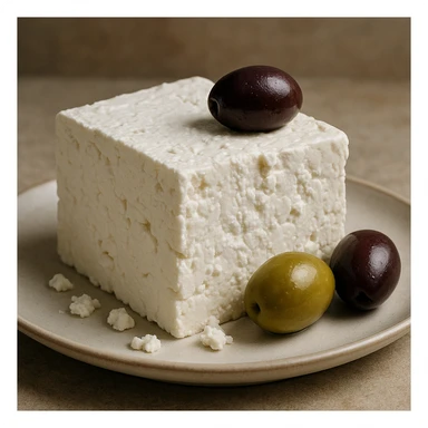 feta cheese, realistic style, white cheese block with crumbly texture, olive garnish, on a plate sticker