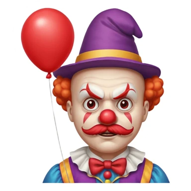 Angry clown — furrowed brow, mustache, tiny hat, hold balloon sticker