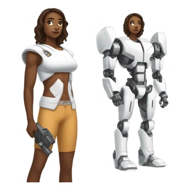 Uma menina jovem, musculosa, de cabelo castanho com uma mecha branca, pele branca, sardas e um top branco sticker