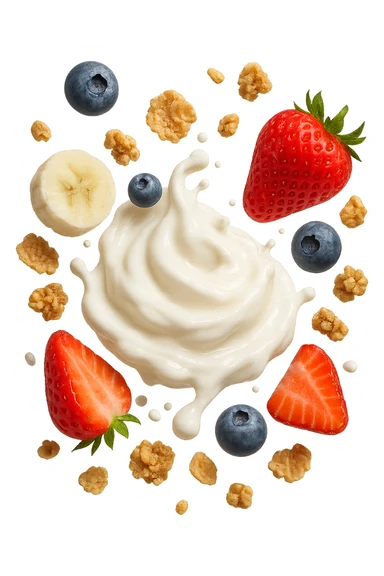 Yogurt, frutta, cereali FLUTTUANO IN ARIA, iperrealistica 4k sticker