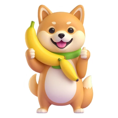 shiba inu showing thumb up and having banana sticker