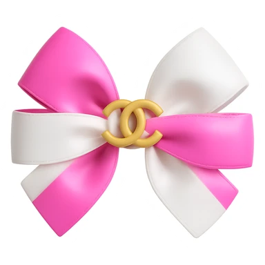 Change the bow to pink and white, keep the gold Chanel logo, glossy, 3D emoji style. Remove the background. sticker