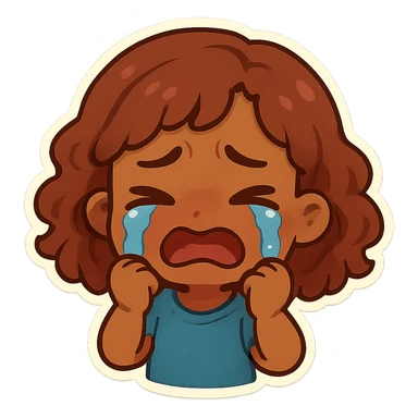 brown-skinned girl with shoulder-length curly reddish hair, crying, chibi stickers style sticker