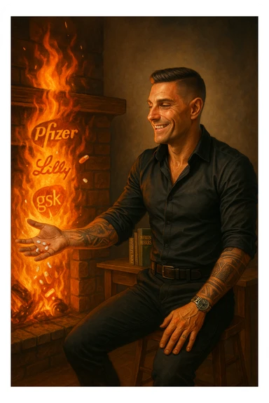 Enlightened man throwing antidepressant pills into fireplace, flames consuming what he sees as chemical poison, expression of liberation from psychiatric medication, Big Pharma logos melting in the fire, natural healing books spread on table behind him, pharmaceutical slavery being broken through pill destruction, mental clarity returning as drugs burn sticker