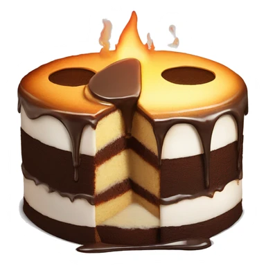 half raw half burned cake with melted smile sticker