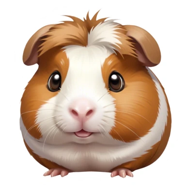 Cinematic Cute Brown and White Banded Guinea Pig Portrait Emoji, Head tilted playfully and inquisitively, showcasing a fluffy fur with playful brown and white banded patterns, round, sparkling dark eyes filled with curiosity, Simplified yet irresistibly adorable features, highly detailed, glowing with a warm, friendly glow, high shine, affectionate and spirited, stylized with a touch of whimsy, bright and endearing, soft glowing outline, capturing the essence of a mischievous yet loving guinea pig, so playful it feels like it could dash out of the screen and into your arms! sticker