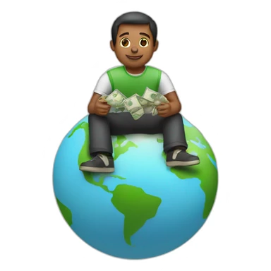 man sitting on globe with money bag sticker