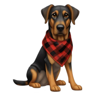 adult 75% Coonhound 25% German Shepherd mix dog with visible tail wearing small pointed red buffalo plaid bandana full body side view sticker