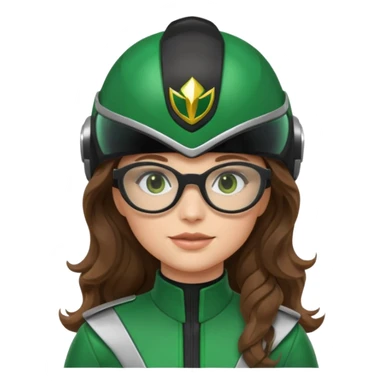 green power ranger, white girl with long brown wavy hair, thin black glasses, standing with helmet off, emoji style sticker