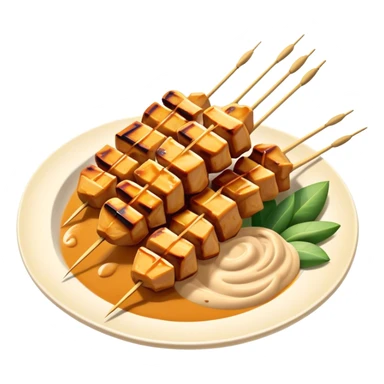 Cinematic Realistic Indonesian Chicken Satay Dish Emoji, depicted as succulent, marinated chicken skewers grilled to perfection with a subtle char, drizzled generously with a rich, creamy peanut sauce that glistens under warm, natural lighting. The vibrant textures of the tender meat and smooth, spicy sauce evoke the authentic flavors of Indonesian street food, rendered with lifelike detail and dynamic, appetizing lighting. sticker