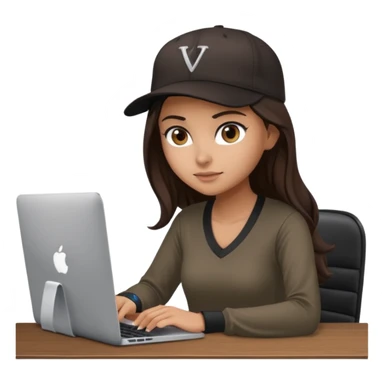 A professional 3D avatar of a young woman with olive skin and long, dark brown hair, wearing a dark, long-sleeved V-neck brown shirt and a black baseball cap. She's sitting at a sleek wooden desk, typing and looking at a silver MacBook.  sticker