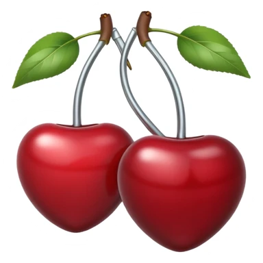 A pair of cherries emoji made of polished silver chrome, smooth rounded shapes, glossy metallic finish, soft highlights and reflections, cute proportions, iOS emoji style, centered, clean white background, no text sticker